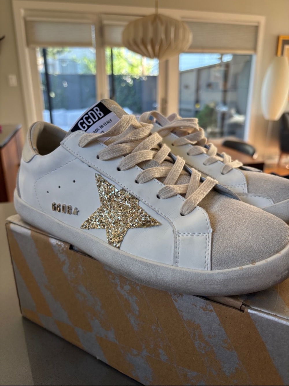 Golden Goose White Leather Sneakers with Gold Glitter Star Accent